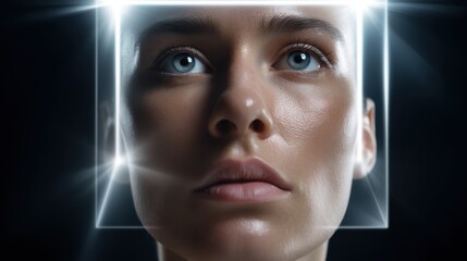 Close-up portrait of a woman with clear skin, glowing under soft light, with a futuristic transparent square frame highlighting her face.