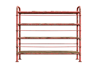 An empty red metal shelf, isolated on transparent background, showcasing a vintage and industrial storage solution with a touch of retro charm