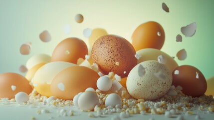 Fresh organic eggs and grains arranged together on rustic surface in natural farm inspired food composition