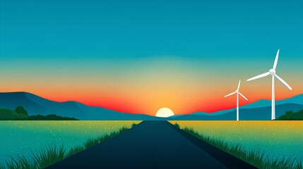Fototapeta premium Scenic landscape illustration featuring a winding road leading towards a vibrant sunset, with wind turbines on either side, surrounded by lush fields and distant mountains