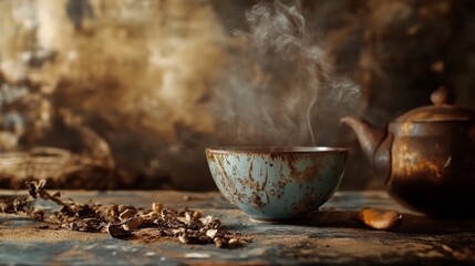 Fototapeta premium Steaming teapot with spices and herbs on rustic surface with warm moody lighting for cozy tea scene