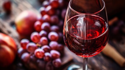 Closeup glass of red wine with grapes in rustic vintage setting for food and drink composition photography
