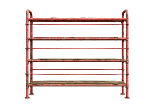 An empty red metal shelf, isolated on transparent background, showcasing a vintage and industrial storage solution with a touch of retro charm