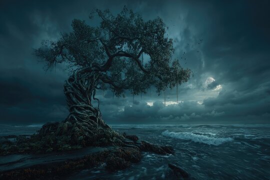 Twisted tree on a rocky shore under a stormy night sky - Powered by Adobe