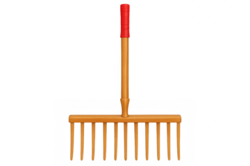 Gardening rake with wooden handle and red grip isolated on transparent background, ideal for agricultural or landscaping projects