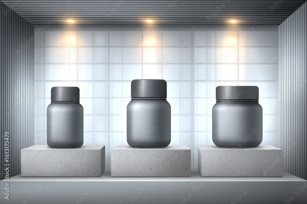 Poster three empty metal tin cans with varied lid positions on a clean gradient background