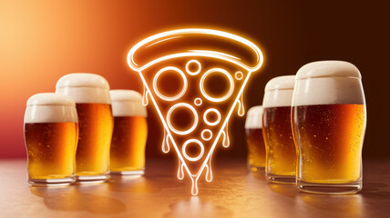 Glowing pizza icon with a lineup of frothy pints of beer against a warm background
