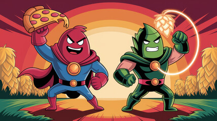 Superheroes unite: pizza and craft beer guardians in a sunset showdown