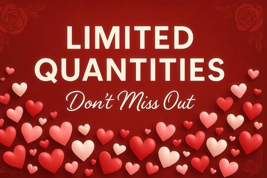 Promotional banner with "Limited Quantities, Don't Miss Out" text on a red background, decorated with roses and scattered pink and red hearts.