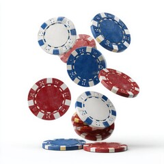 Casino chips in motion red white and blue poker chips falling and stacked against a white background