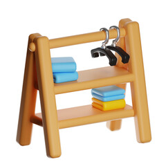 Wooden clothes rack with folded towels and hangers on transparent background