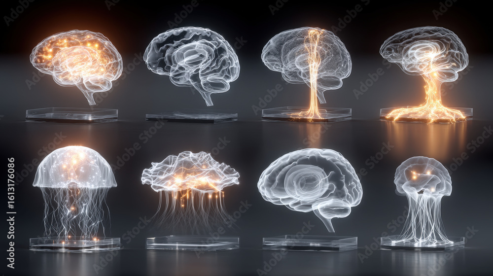 Aufkleber futuristic glass brains and neural network sculptures with glowing data streams on dark background