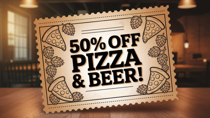 Discount offer on pizza and beer featuring rustic coupon design in cozy restaurant setting