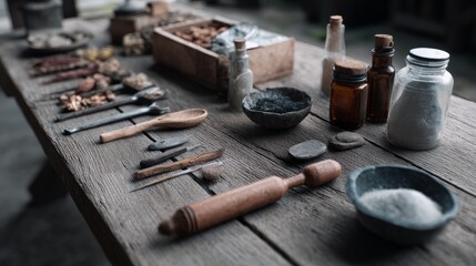 Artisan soap making tools and ingredients laid out on rustic wooden table in studio workspace