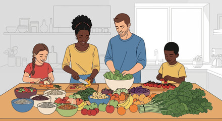 Family Cooking Vector Illustration with Fruits and Vegetables Modern Minimalist Design