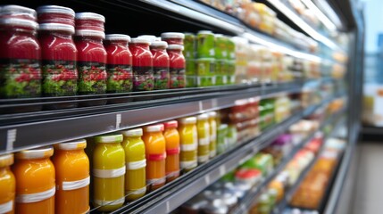 Grocery refrigerator shelf filled with colorful juice bottles in vibrant commercial retail beverage display
