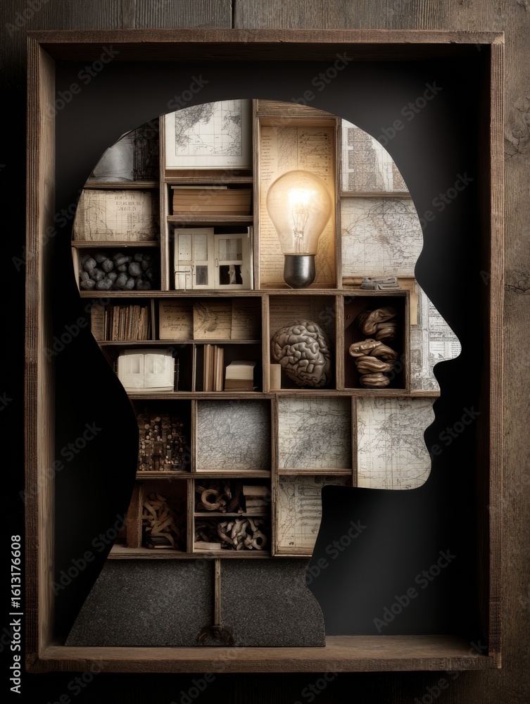 Poster exploration of ideas and logic through a human head compartmentalized in artistic design with an emp