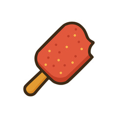 Red popsicle with yellow dots and brown bite mark on corner and wooden stick with soft shadows