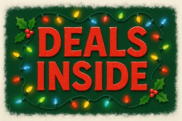 Festive holiday design featuring the phrase "Deals Inside" in bold red letters, surrounded by colorful Christmas lights and holly leaves on a dark green background.