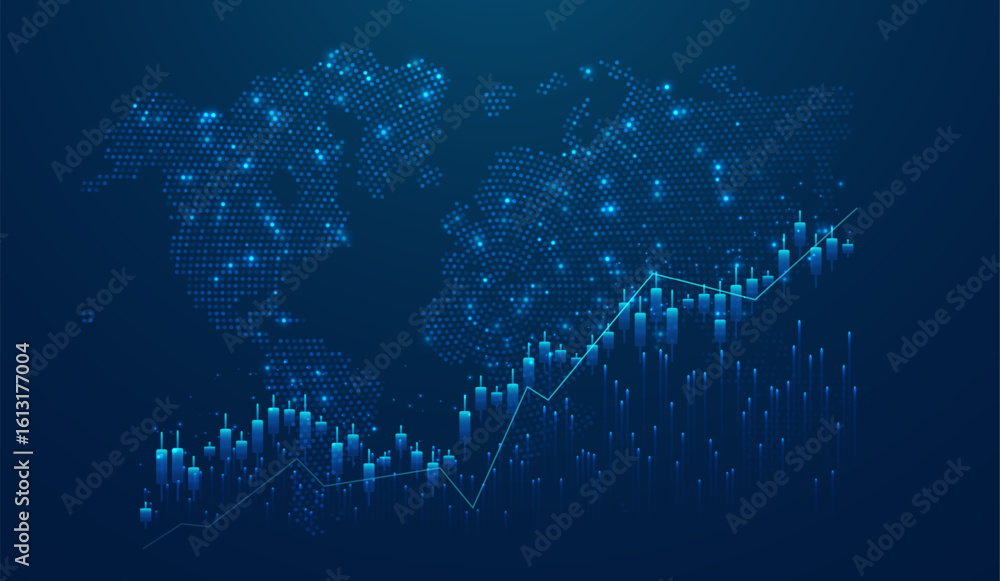 Poster abstract infographic visualization. financial chart with uptrend line graphs and candlesticks. futur