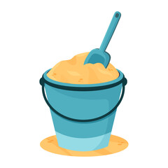 Minimalist vector illustration of a blue bucket filled with sand and a shovel stuck inside, representing beach toys, summer, and vacation