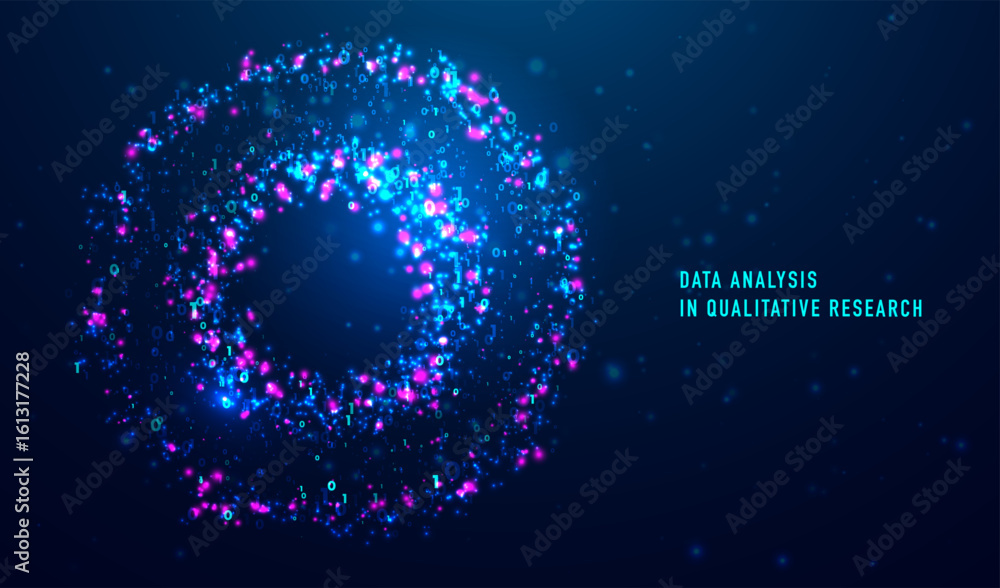 Poster data analysis in qualitative research. big data code representation. futuristic network or business 