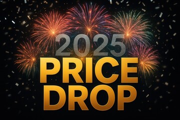 Bright fireworks and confetti burst behind bold metallic and gold text reading "2025 Price Drop," creating a celebratory and festive atmosphere.