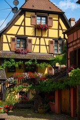 Colorful houses line the streets of Alsace France in Beautiful Village 