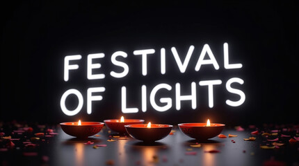 Illuminated diyas and a neon sign reading festival of lights create a festive and vibrant atmosphere, perfect for celebrating the hindu festival of diwali