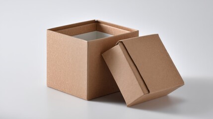 Fototapeta premium Open brown cardboard box with detached lid on clean blue background for shipping packaging branding concept