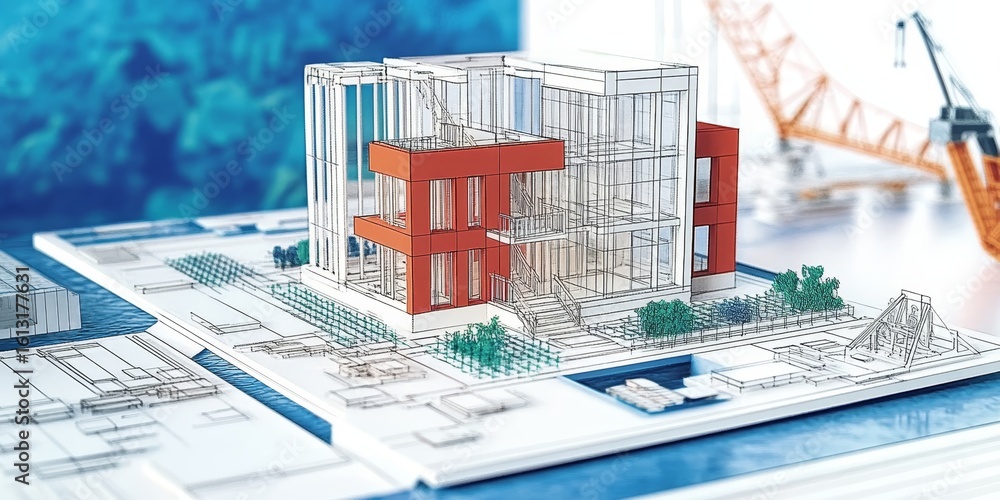 Poster architectural model showcasing integration of design in construction planning and layout design