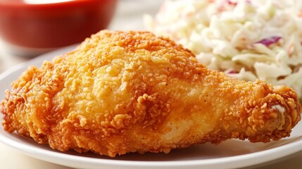 Golden Fried Chicken Delight on a Rustic Wooden Table with Fresh Coleslaw and Dipping Sauces