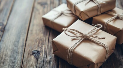 Stacked paper gift boxes tied with twine on wooden background for craft packaging delivery celebration visuals