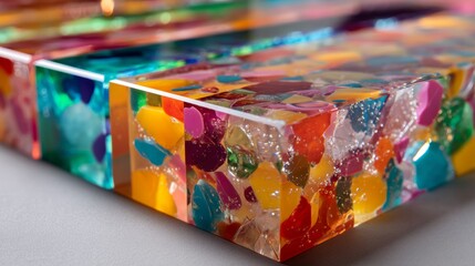 Colorful candy embedded in clear resin cube for decorative epoxy art sweet confectionery design concept