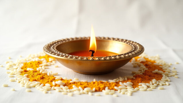 A glowing diya lamp surrounded by turmeric powder and rice grains illuminates a traditional hindu celebration