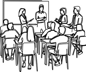 Classroom scene with students listening to teacher explaining lesson  