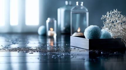 Spa composition with candles and bottles on glossy surface for relaxation aromatherapy selfcare and interior ambiance