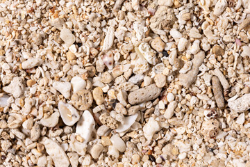 Close-up of light-colored beach sand with a mix of small, rounded pebbles—perfect for natural backgrounds, organic product displays, or tranquil seaside aesthetics.