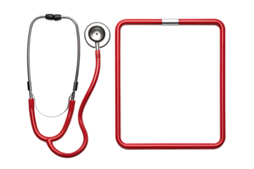 A stethoscope and a red, rectangular clipboard or frame, both set against a plain light gray background. The stethoscope, with its red tubing and metallic earpieces and chest piece.
