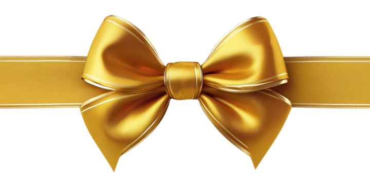 A luxurious gold ribbon bow isolated on transparent background, perfect for adding a touch of elegance to any gift or festive decoration