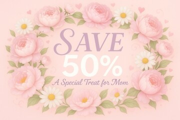 Floral-themed design featuring pink peonies and daisies with the text "Save 50% A Special Treat for Mom" in a soft, pastel color scheme, ideal for a promotional Mother's Day advertisement.