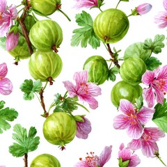 Gooseberry floral watercolor seamless pattern. Vibrant illustration of green gooseberries and pink flowers on a white background.