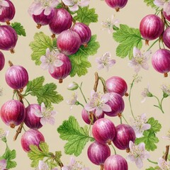 Gooseberry floral watercolor seamless pattern. Colorful floral pattern featuring pink gooseberries and delicate white flowers.