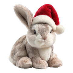 Naklejka premium Festive plush rabbit with santa hat indoor scene toy photography cozy atmosphere close-up view holiday spirit