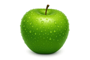 Green apple dripping with water, glistening against transparent backdrop, representing freshness and nutritional wellness