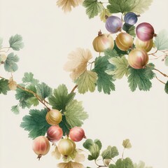 Gooseberry floral watercolor seamless pattern. Colorful fruits and leaves illustrated in a vintage botanical style on a light background.