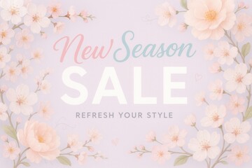 Elegant floral border design featuring soft pink and white blossoms surrounding text announcing a new season sale, ideal for promotions or advertisements.