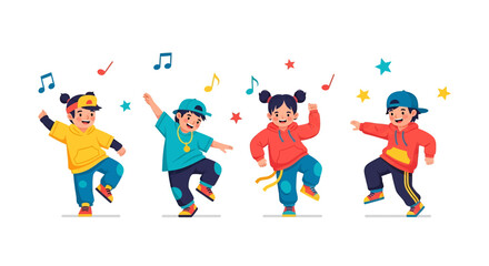 Adobe illustrator artwork vector illustration of cheerful kids dancing with music notes and stars, dressed in colorful winter outfits, ideal for festive, educational, and creative design themes.