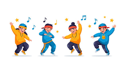 Adobe illustrator artwork vector illustration of cheerful kids dancing with music notes and stars, dressed in colorful winter outfits, ideal for festive, educational, and creative design themes.