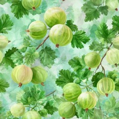 Gooseberry floral watercolor seamless pattern. Vibrant illustration of green gooseberries and lush leaves on a soft background.